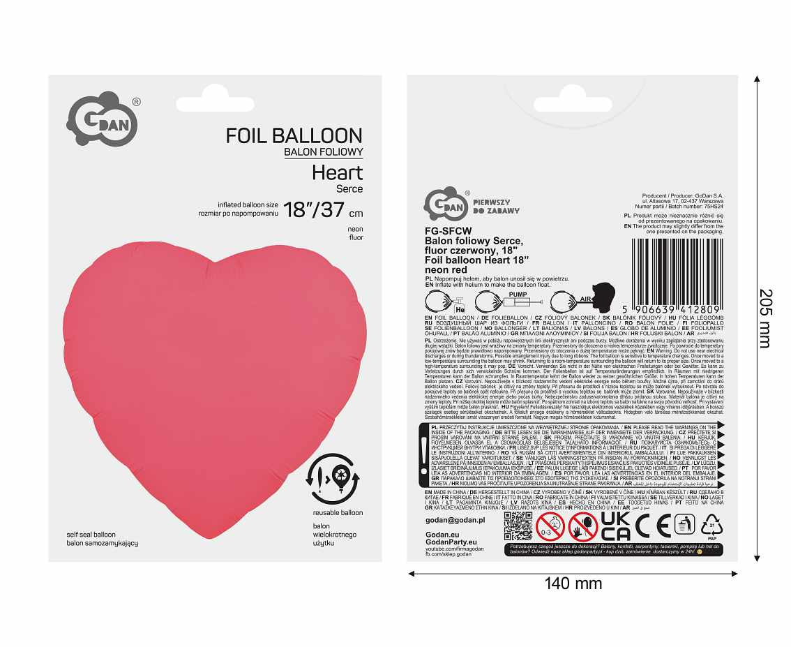 Foil balloon Heart 18“ neon red EOL